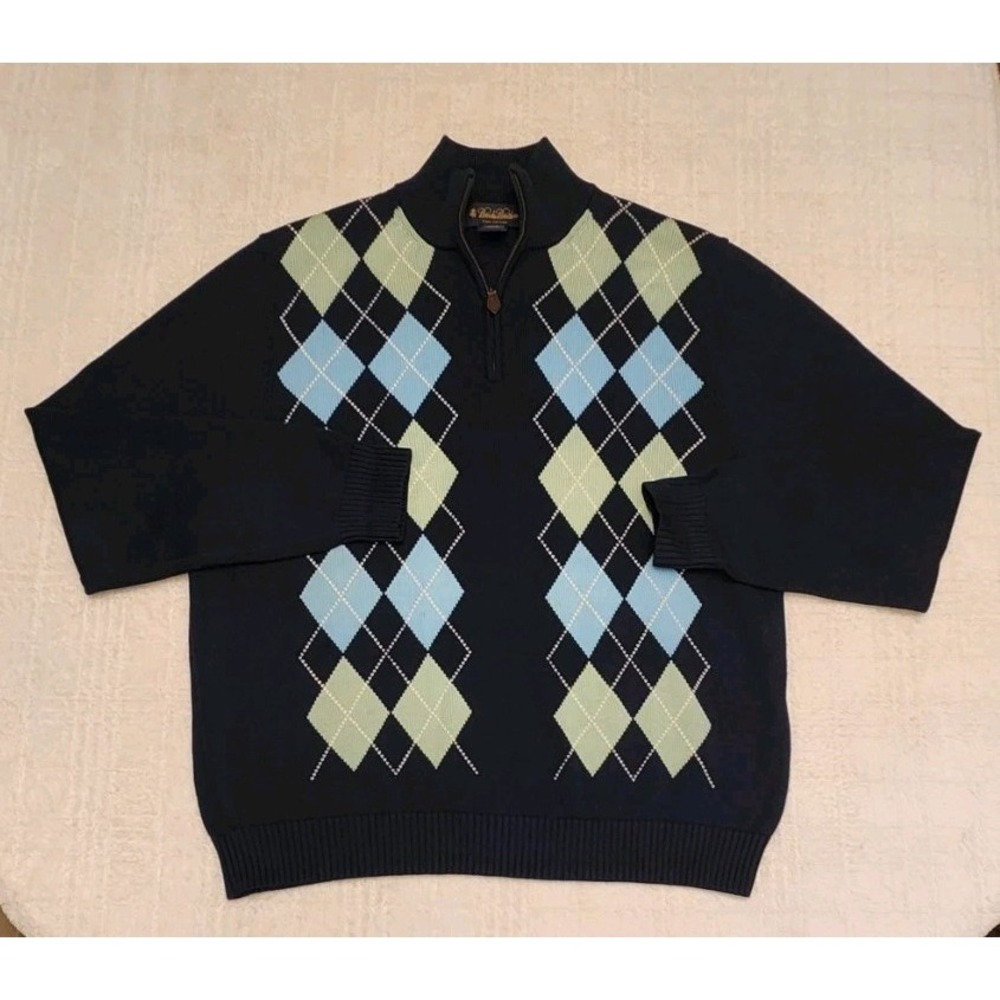Brooks Brothers Sweater Medium Blue Yellow Argyle 1/4‎ Zip 100% Cotton